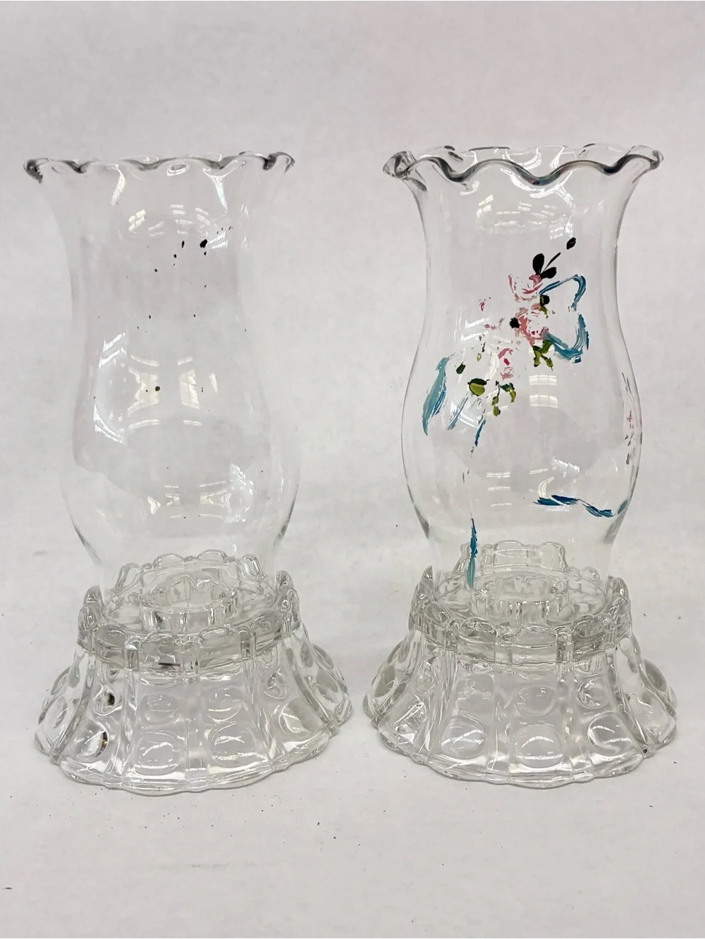 Vintage Indiana Glass Painted Hurricane Shades w/ Candle Holder Bases Lot of 2